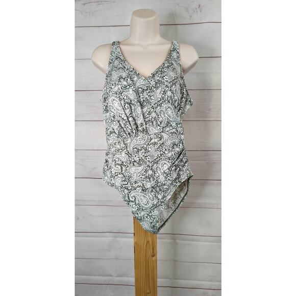 12R OLIVE A392810 Denim & Co. Beach Surplice One-Piece with Ruching - Picture 2 of 2